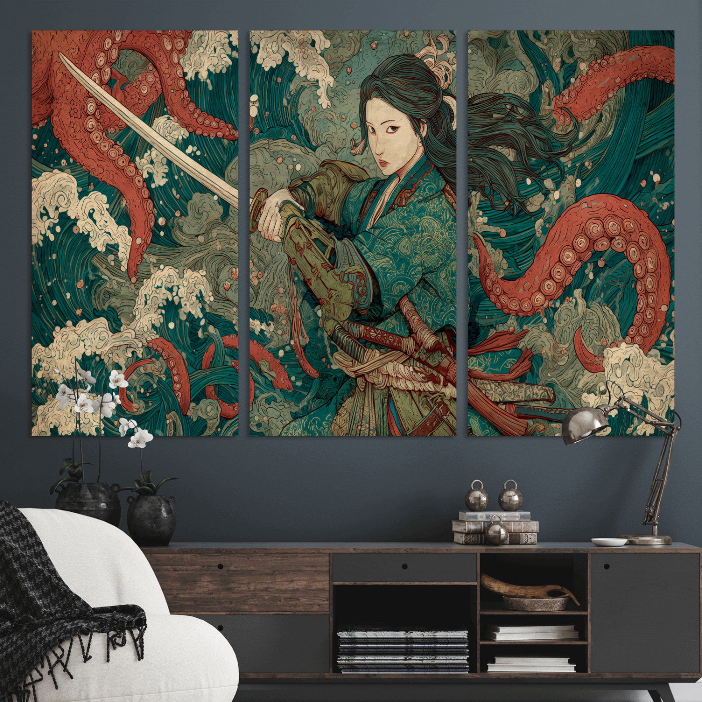 35461724-MGV-CV-36X24-Samurai Woman vs Octopus Wall Art – Japanese Ukiyo-e Ocean Waves Canvas Print, Red Tentacle Battle Artwork for Living Room,