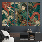 35461724-MGV-CV-36X24-Samurai Woman vs Octopus Wall Art – Japanese Ukiyo-e Ocean Waves Canvas Print, Red Tentacle Battle Artwork for Living Room,