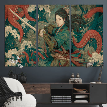 35461724-MGV-CV-36X24-Samurai Woman vs Octopus Wall Art – Japanese Ukiyo-e Ocean Waves Canvas Print, Red Tentacle Battle Artwork for Living Room,