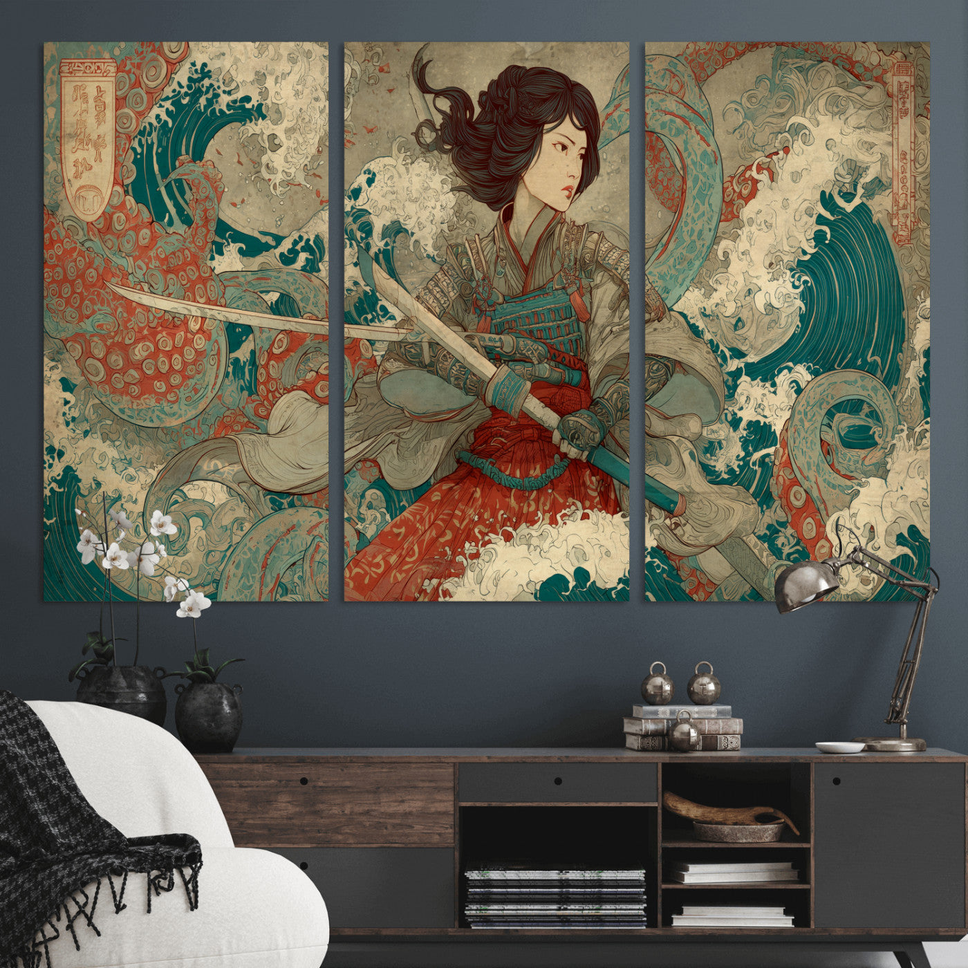 63377977-MGV-CV-36X24-Tsukioka Yoshitoshi Samurai Wall Art Print, Japanese Katana Warrior Canvas Wall Art, Octopus Sea Monster Canvas Print,