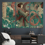 91666601-MGV-CV-36X24-Samurai Woman vs Octopus Wall Art – Japanese Ukiyo-e Green Robe Canvas Print, Ocean Battle Artwork for Living Room, Office, Man