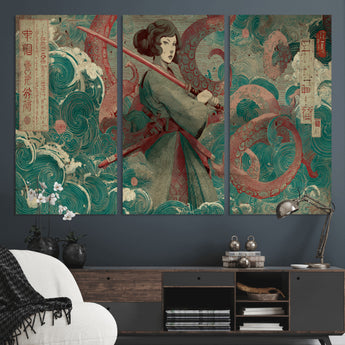 91666601-MGV-CV-36X24-Samurai Woman vs Octopus Wall Art – Japanese Ukiyo-e Green Robe Canvas Print, Ocean Battle Artwork for Living Room, Office, Man