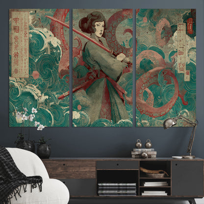 91666601-MGV-CV-36X24-Samurai Woman vs Octopus Wall Art – Japanese Ukiyo-e Green Robe Canvas Print, Ocean Battle Artwork for Living Room, Office, Man
