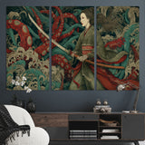18902796-MGV-CV-36X24-Samurai Woman vs Octopus Wall Art – Japanese Ukiyo-e Green Kimono Canvas Print, Ocean Battle Scene Artwork for Living Room,
