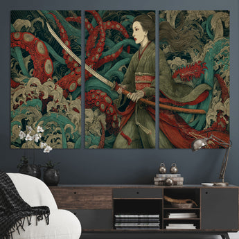 18902796-MGV-CV-36X24-Samurai Woman vs Octopus Wall Art – Japanese Ukiyo-e Green Kimono Canvas Print, Ocean Battle Scene Artwork for Living Room,