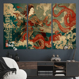 60201267-MGV-CV-36X24-Samurai Woman vs Octopus Wall Art – Japanese Ukiyo-e Armor Canvas Print, Red Tentacle Ocean Battle Artwork for Living Room,