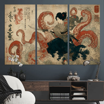 82737246-MGV-CV-36X24-Samurai Woman vs Octopus Wall Art – Japanese Ukiyo-e Dual Sword Canvas Print, Red Tentacle Ocean Battle Artwork for Living Room,