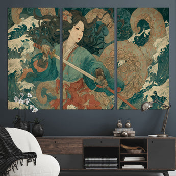 79740258-MGV-CV-36X24-Tsukioka Yoshitoshi Samurai Wall Art Print, Japanese Katana Warrior Canvas Wall Art, Octopus Sea Monster Canvas Print,