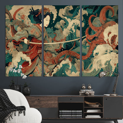 30212982-MGV-CV-36X24-Samurai Woman vs Octopus Wall Art – Japanese Ukiyo-e Style Warrior and Sea Monster Canvas Print, Mythology Inspired Artwork for