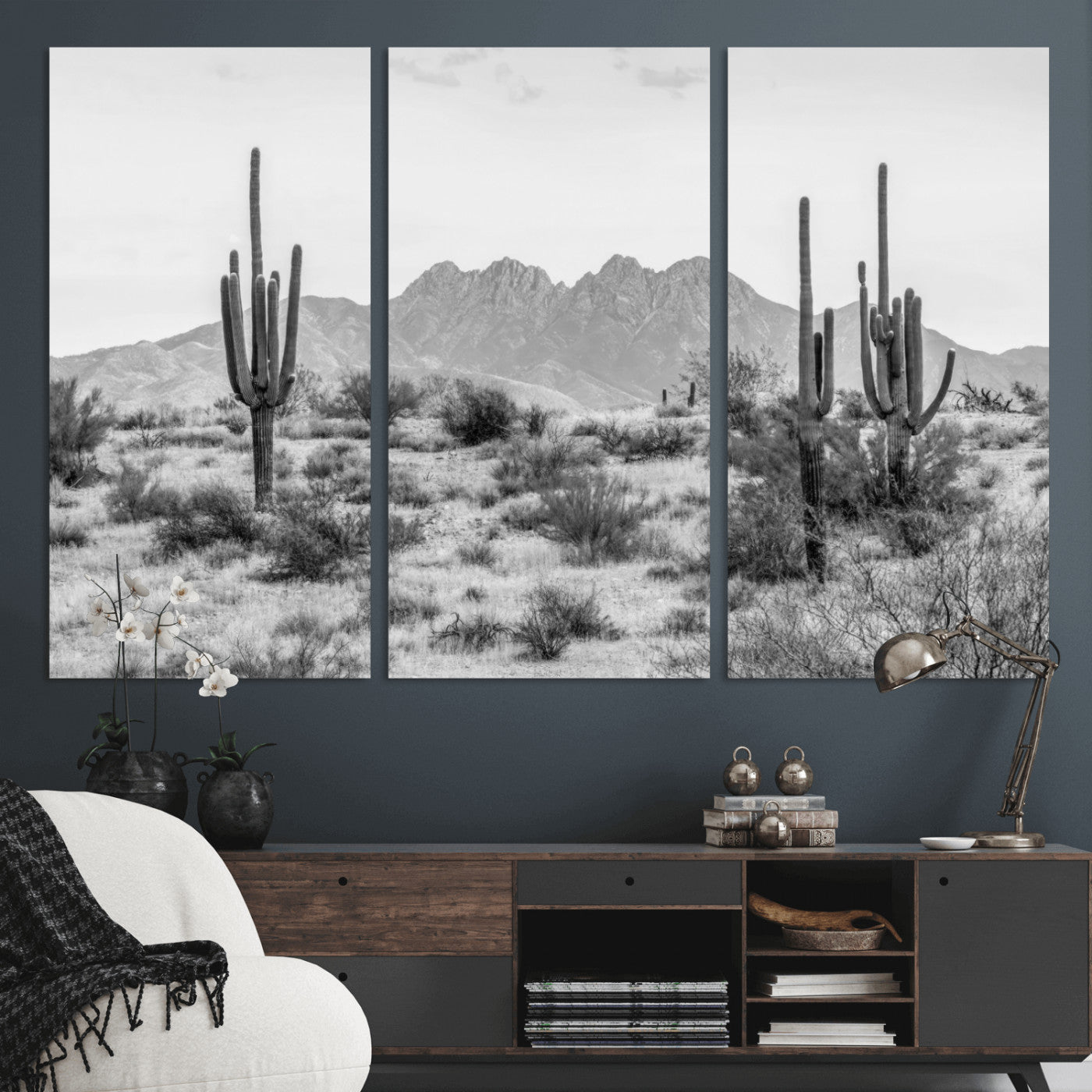 97436PHN-MGV-CV-48X32-3P-Desert Landscape Wall Art – Black and White Cactus and Mountain Canvas Print, Southwestern Nature Photography for Living Room,