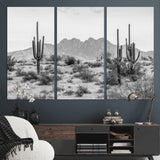 97436PHN-MGV-CV-48X32-3P-Desert Landscape Wall Art – Black and White Cactus and Mountain Canvas Print, Southwestern Nature Photography for Living Room,