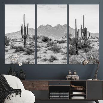 97436PHN-MGV-CV-48X32-3P-Desert Landscape Wall Art – Black and White Cactus and Mountain Canvas Print, Southwestern Nature Photography for Living Room,
