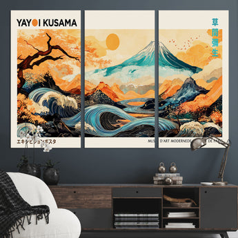 94085549-MGV-CV-36X24-Yayoi Kusama Inspired Japanese Landscape Art Print – Vibrant Mount Fuji, Waves & Autumn Trees, Modern Decorative Poster for