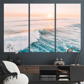 34064591-MGV-CV-36X24-Surfing Wall Art – Sunset Ocean Wave Canvas Print, Surfer Riding Sea Photography Decor for Bedroom, Living Room, Office, Coastal
