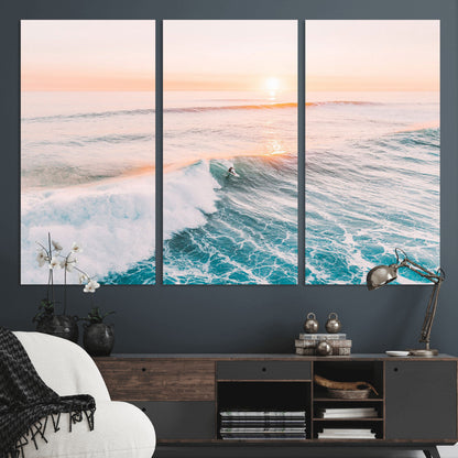 34064591-MGV-CV-36X24-Surfing Wall Art – Sunset Ocean Wave Canvas Print, Surfer Riding Sea Photography Decor for Bedroom, Living Room, Office, Coastal