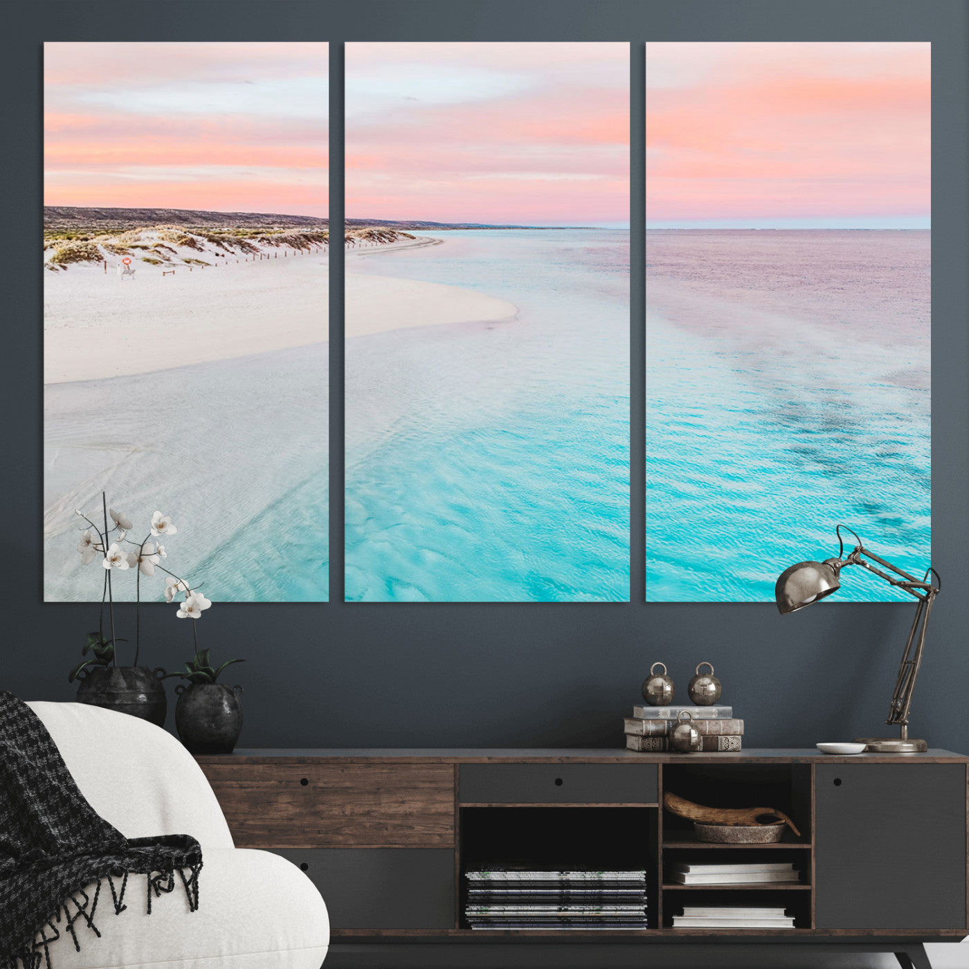 41613614-MGV-CV-36X24-Beach Sunset Wall Art – Pastel Ocean Canvas Print, Turquoise Water and Pink Sky Photography Decor for Bedroom, Living Room, Office