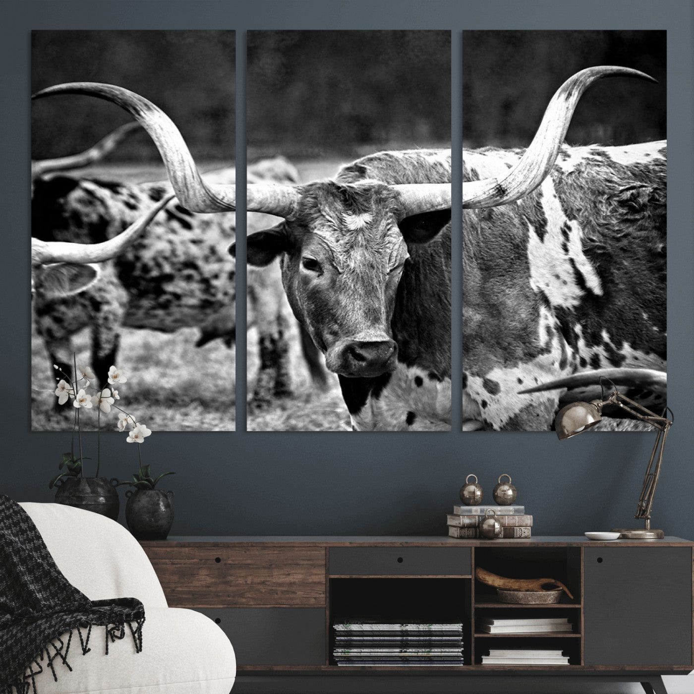 15425553-MGV-CV-36X24-Western Wall Art – Longhorn Cattle Black and White Canvas Print, Rustic Ranch Photography Decor for Bedroom, Living Room, Office,