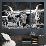 15425553-MGV-CV-36X24-Western Wall Art – Longhorn Cattle Black and White Canvas Print, Rustic Ranch Photography Decor for Bedroom, Living Room, Office,