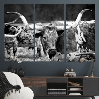 15425553-MGV-CV-36X24-Western Wall Art – Longhorn Cattle Black and White Canvas Print, Rustic Ranch Photography Decor for Bedroom, Living Room, Office,