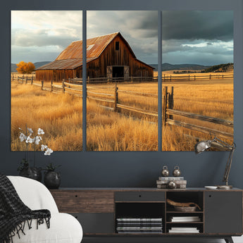16480179-MGV-CV-36X24-Farmhouse Wall Art – Rustic Barn and Golden Field Canvas Print, Country Landscape Photography Decor for Bedroom, Living Room,