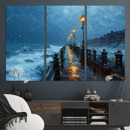 93793246-MGV-CV-36X24-Stormy Night Pier Canvas Wall Art – Moody Ocean Landscape with Lights, Blue Coastal Seascape Print for Bedroom, Living Room,