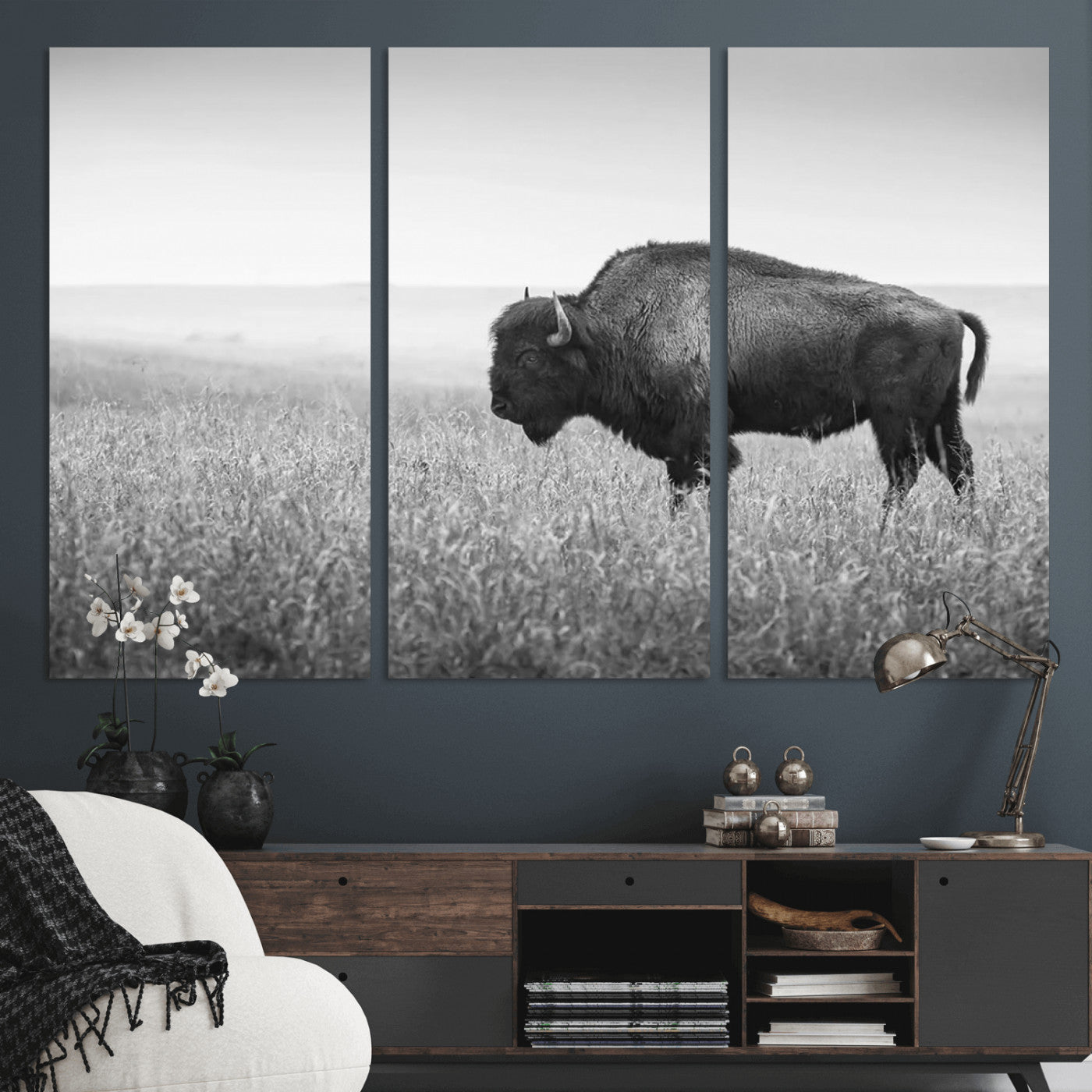 90861202-MGV-CV-36X24-Black and White Bison Canvas Wall Art – Rustic American Buffalo Print, Western Wildlife Photography for Farmhouse, Cabin, Office