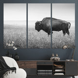90861202-MGV-CV-36X24-Black and White Bison Canvas Wall Art – Rustic American Buffalo Print, Western Wildlife Photography for Farmhouse, Cabin, Office