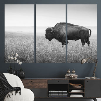 90861202-MGV-CV-36X24-Black and White Bison Canvas Wall Art – Rustic American Buffalo Print, Western Wildlife Photography for Farmhouse, Cabin, Office