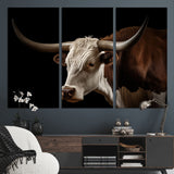 27414857-MGV-CV-36X24-Texas Longhorn Bull Canvas Wall Art – Rustic Western Farmhouse Decor, Brown & White Cow Portrait, Animal Print for Ranch Home