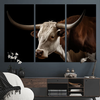 27414857-MGV-CV-36X24-Texas Longhorn Bull Canvas Wall Art – Rustic Western Farmhouse Decor, Brown & White Cow Portrait, Animal Print for Ranch Home