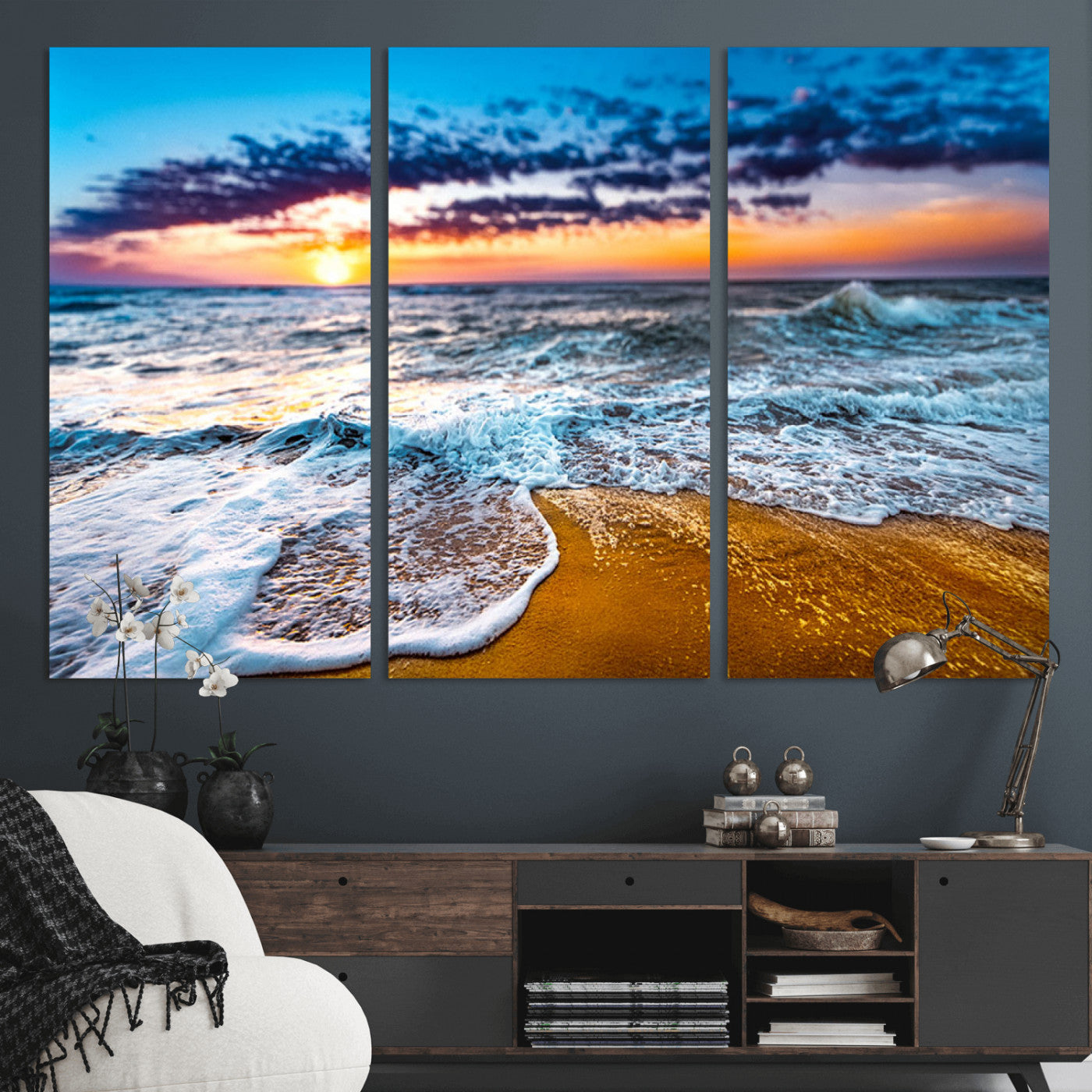 24077769-MGV-CV-36X24-Sunset Beach Wall Art – Ocean Waves Canvas Print, Golden Shoreline Photography Coastal Decor for Living Room, Bedroom, Office,
