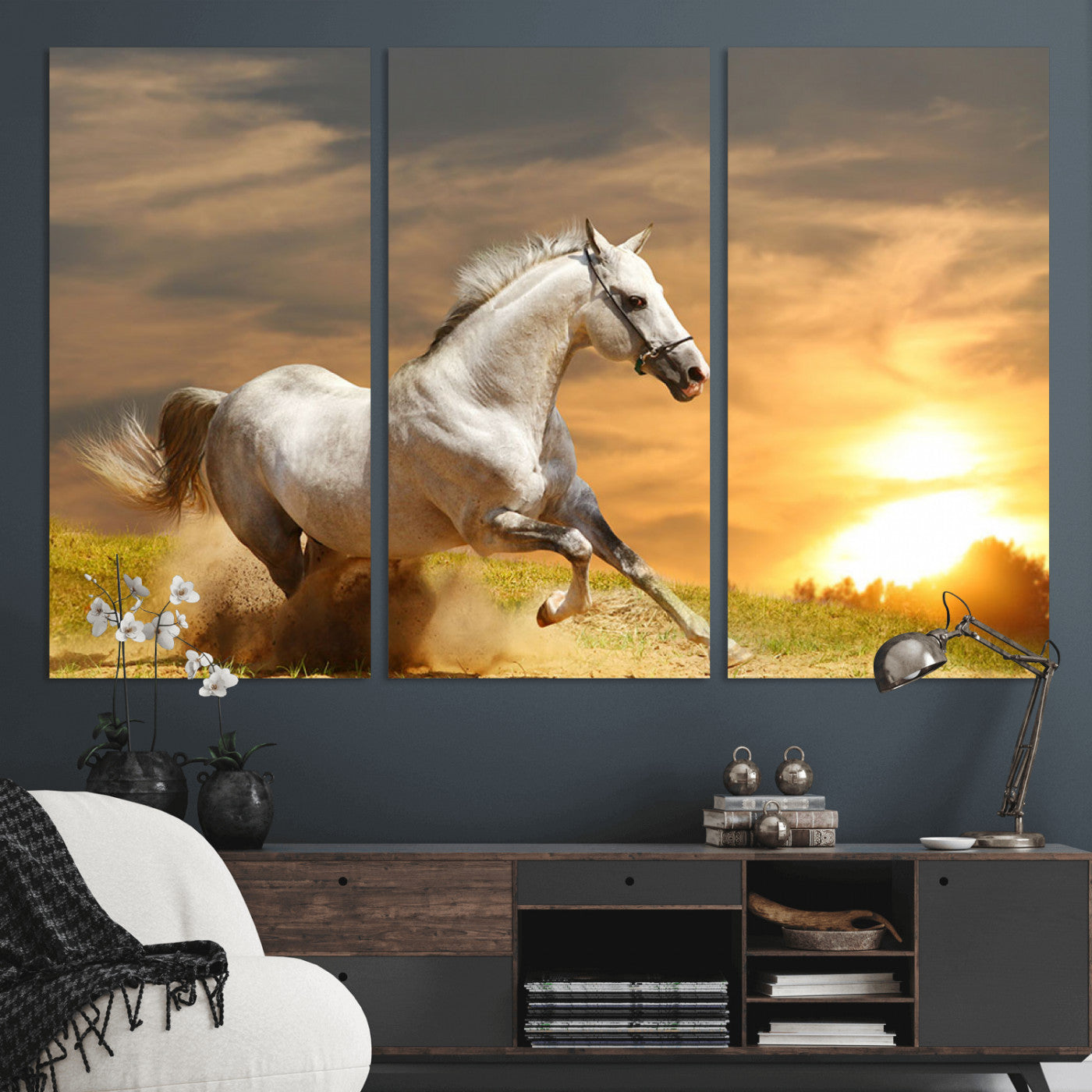 67478480-MGV-CV-48X32-3P-White Horse Running at Sunset Wall Art – Majestic Equestrian Photography Print, Rustic Farmhouse Decor, Golden Sky Horse Lover