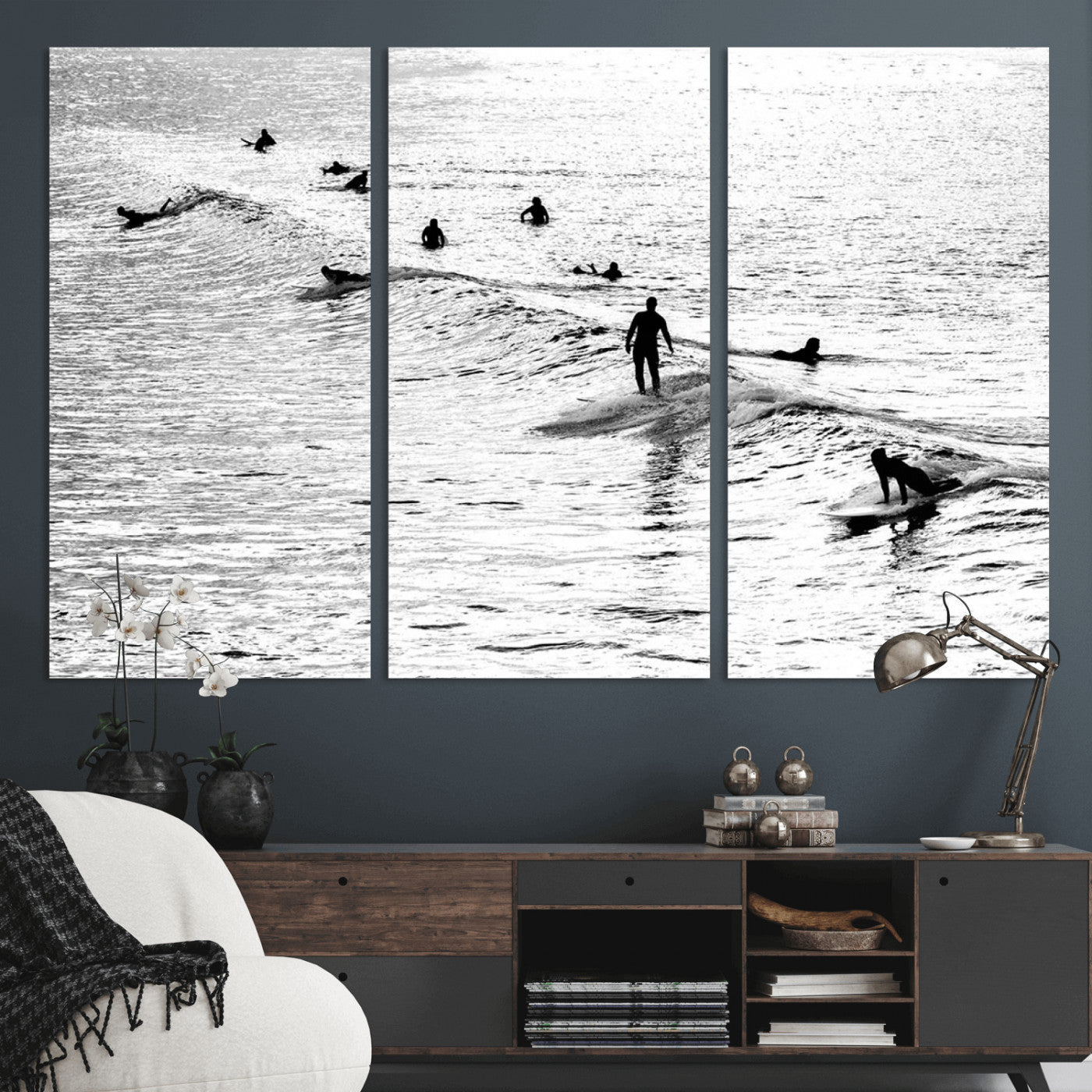 68018616-MGV-CV-36X24-Black and White Surf Photography Print – Minimalist Ocean Wall Art, Surfers Riding Waves, Coastal Beach Decor for Modern Home or