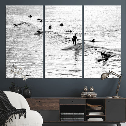 68018616-MGV-CV-36X24-Black and White Surf Photography Print – Minimalist Ocean Wall Art, Surfers Riding Waves, Coastal Beach Decor for Modern Home or