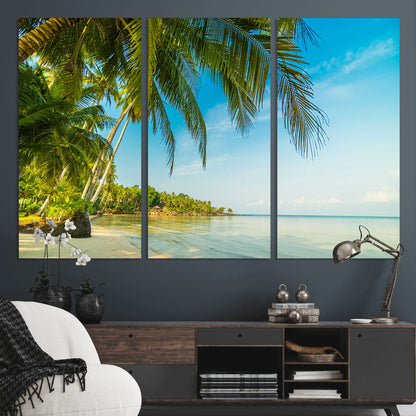 65056721-MGV-CV-36X24-Tropical Beach Wall Art – Palm Tree Coastal Photography Print, Relaxing Ocean Paradise Landscape, Island Seascape Home or Office
