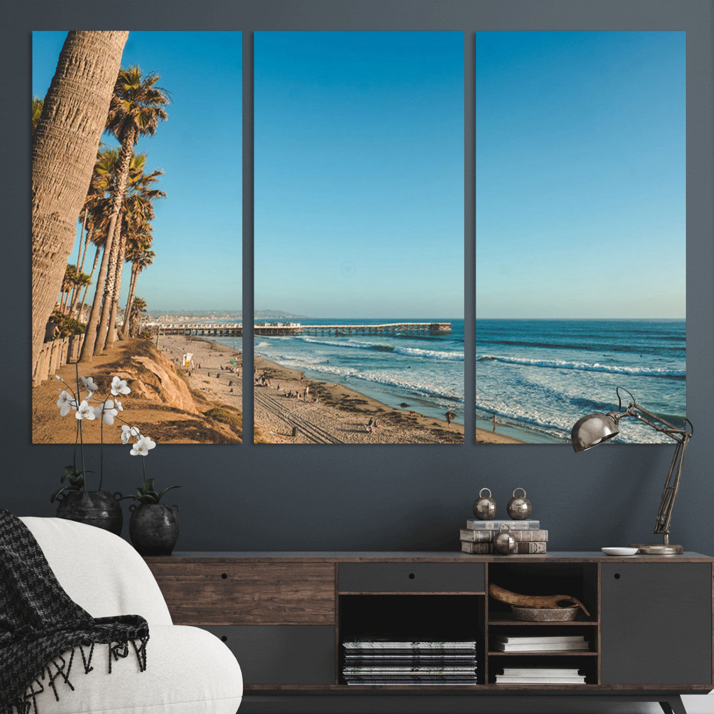 92568259-MGV-CV-36X24-California Beach Wall Art – Palm Tree Pier Canvas Print, Coastal Ocean Photography Seaside Decor for Living Room, Bedroom, Office,