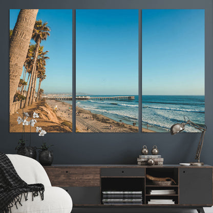 92568259-MGV-CV-36X24-California Beach Wall Art – Palm Tree Pier Canvas Print, Coastal Ocean Photography Seaside Decor for Living Room, Bedroom, Office,