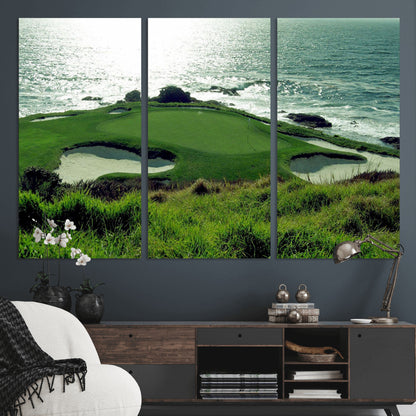 48473947-MGV-CV-36X24-Ocean Golf Course Wall Art – Panoramic Green Fairway Canvas Print, Coastal Golf Landscape Photography Sports Decor for Office, Man