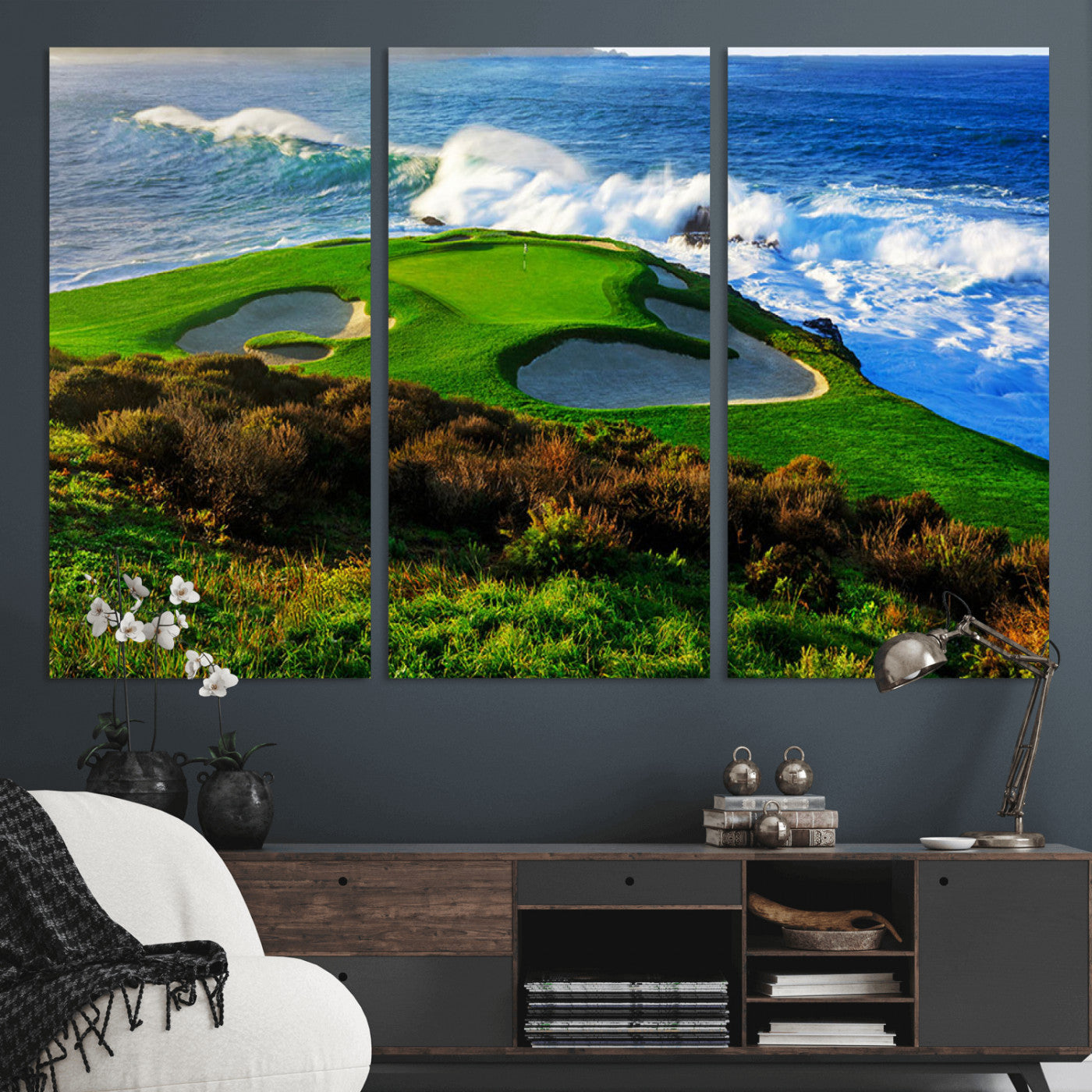 34181847-MGV-CV-36X24-Coastal Golf Course Wall Art – Panoramic Ocean Fairway Canvas Print, Scenic Sports Photography Decor for Office, Man Cave, Living