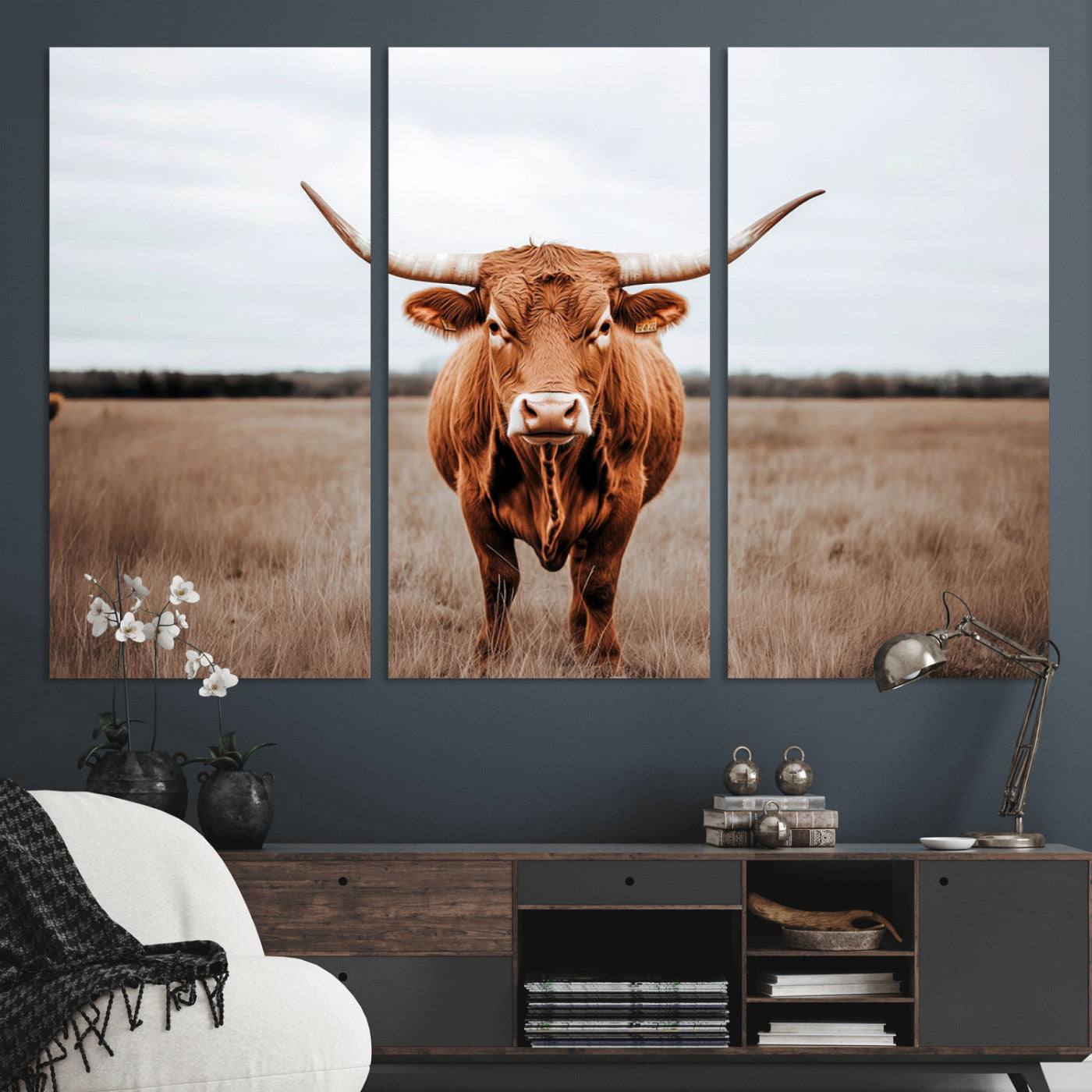 16316734-MGV-CV-36X24-Texas Longhorn Wall Art – Rustic Bull Portrait Canvas Print, Western Farmhouse Animal Photography Decor for Living Room, Office,