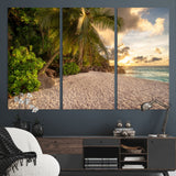 89531159-MGV-CV-36X24-Tropical Beach Sunset Canvas Wall Art – Palm Trees Golden Sand Ocean Waves Coastal Paradise Print for Beach House Bedroom Bathroom