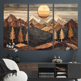 90044381-MGV-CV-36X24-Rustic Wall Art – Wooden Mountain Landscape with Sun and Pine Trees, Handcrafted Nature Canvas Style Decor for Bedroom, Living