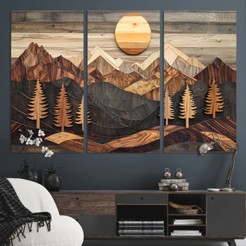 90044381-MGV-CV-36X24-Rustic Wall Art – Wooden Mountain Landscape with Sun and Pine Trees, Handcrafted Nature Canvas Style Decor for Bedroom, Living