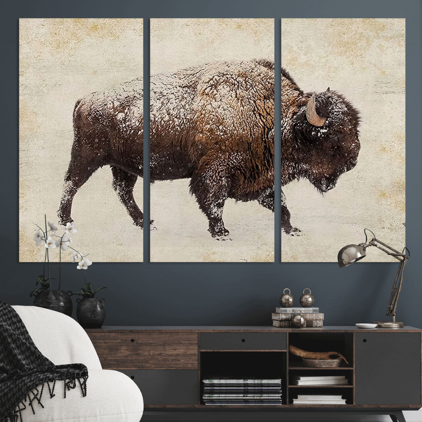 54810031-MGV-CV-36X24-Western Wall Art – Snow Covered Bison Canvas Print, Rustic Wildlife Photography Decor for Bedroom, Living Room, Office, Lodge,
