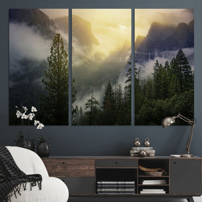 38316884-MGV-CV-36X24-Landscape Wall Art – Misty Mountain Valley Canvas Print, Scenic Pine Forest and Sunrise Photography Decor for Bedroom, Living