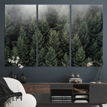84059409-MGV-CV-36X24-Forest Wall Art – Misty Evergreen Trees Canvas Print, Tranquil Nature Photography Decor for Bedroom, Living Room, Office, Cabin or