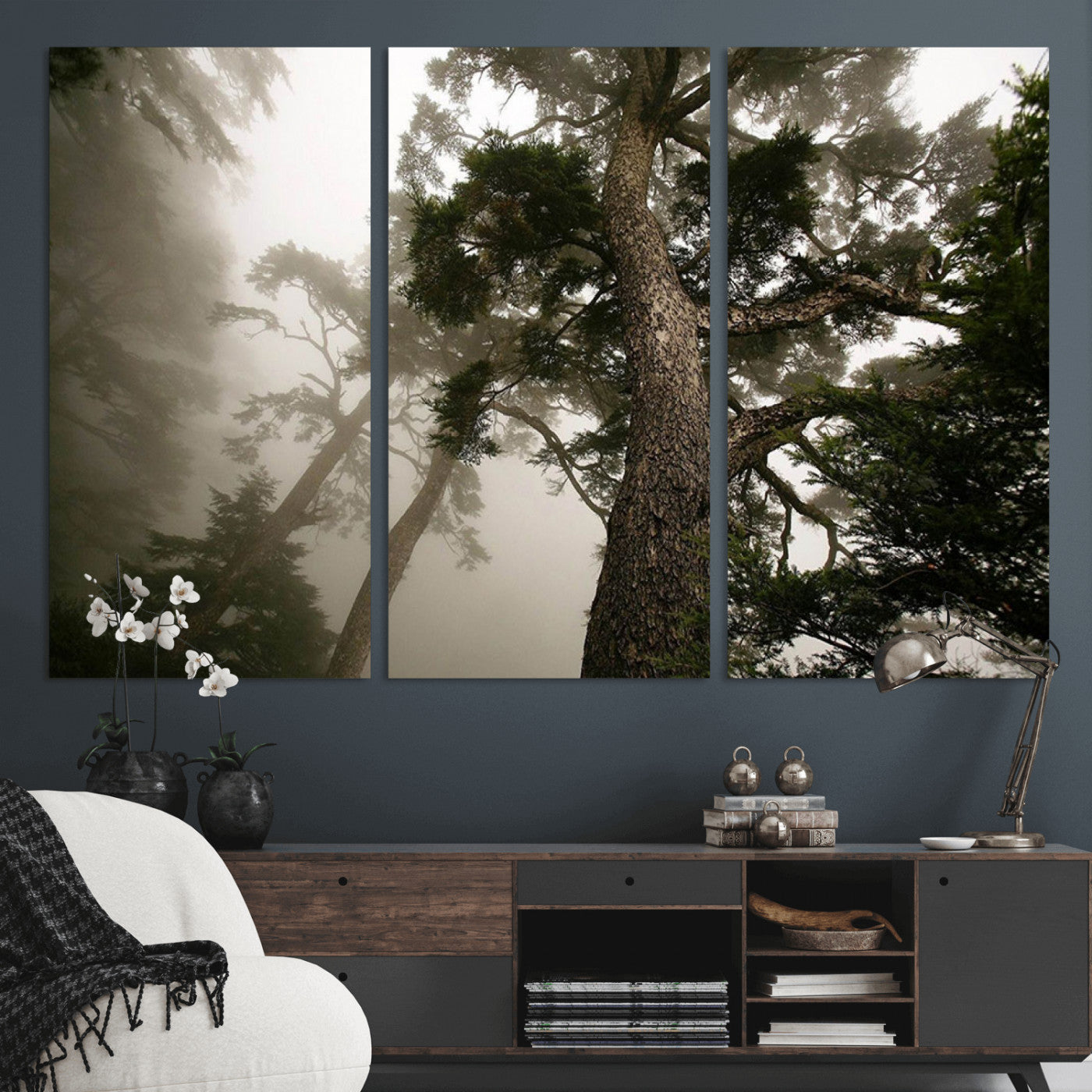 87969493-MGV-CV-36X24-Forest Wall Art – Misty Tall Trees Canvas Print, Dramatic Woodland Photography Decor for Bedroom, Living Room, Office, Cabin,