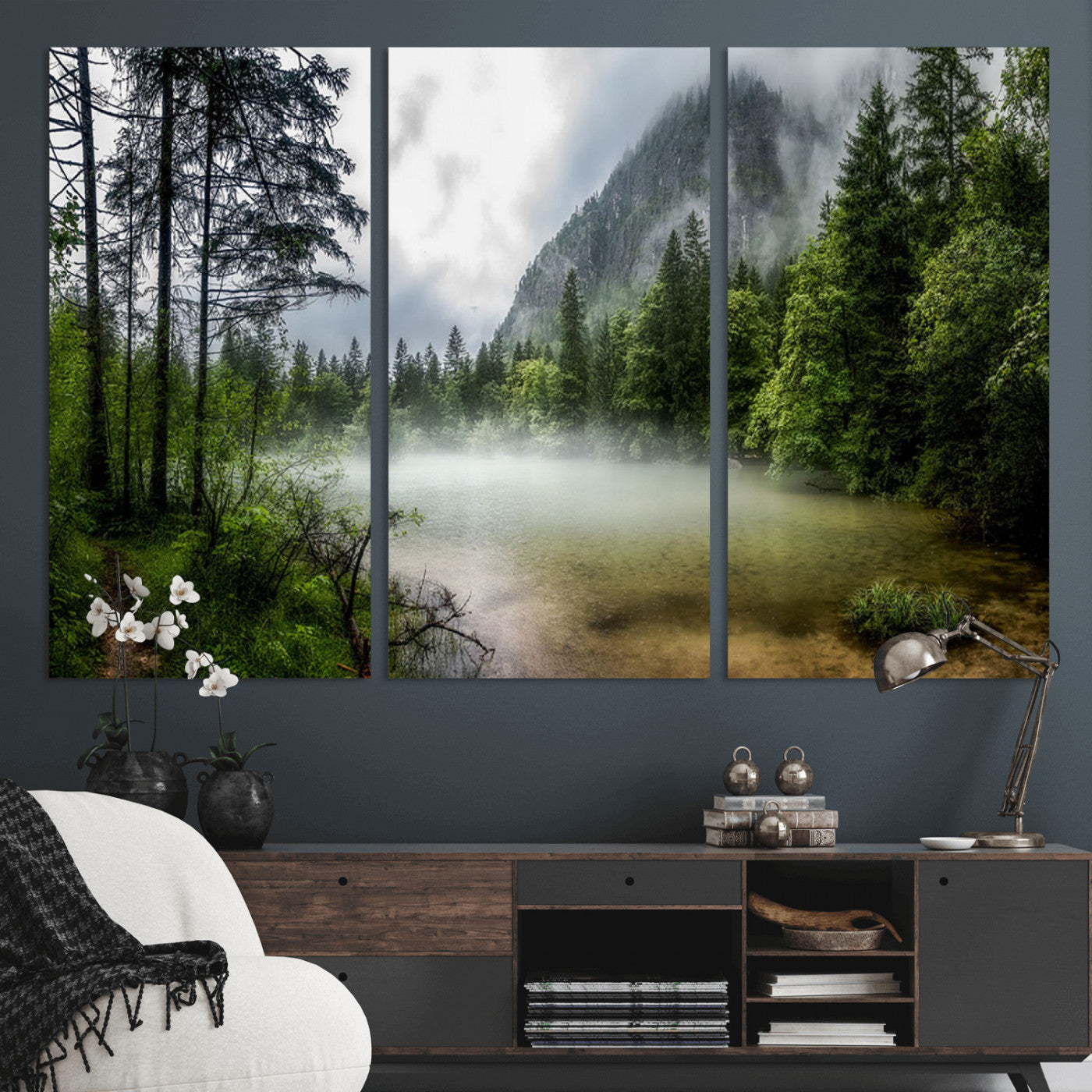 93123937-MGV-CV-36X24-Landscape Wall Art – Misty Mountain Lake Canvas Print, Tranquil Forest and Waterfall Photography Decor for Bedroom, Living Room,