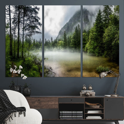 93123937-MGV-CV-36X24-Landscape Wall Art – Misty Mountain Lake Canvas Print, Tranquil Forest and Waterfall Photography Decor for Bedroom, Living Room,