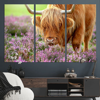 64069351-MGV-CV-36X24-Farmhouse Wall Art – Highland Cow in Wildflowers Canvas Print, Rustic Country Cattle Photography Decor for Bedroom, Living Room,